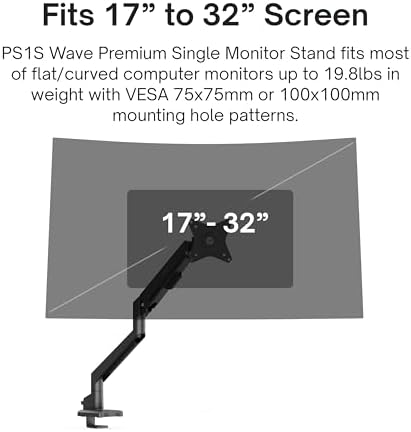 Pixio PS1S Wave Black Single Monitor Arm Stand Desk Mount - Fits up to 32 inches Monitors and up to 19.8lbs. VESA Compatibility and Integrated Cable Management