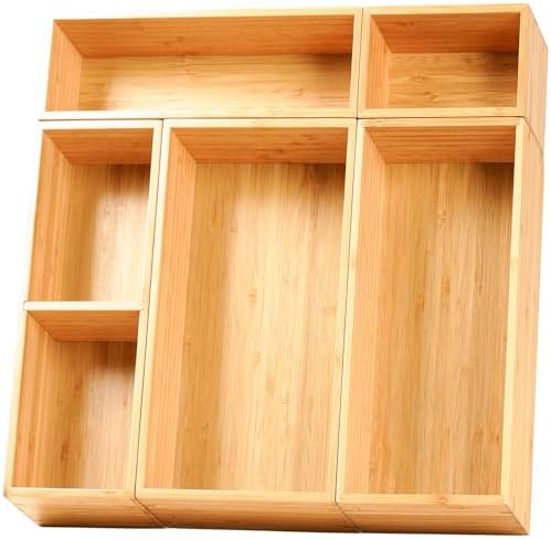Umilife Drawer Organizer Storage Boxes, 2.5" High Bamboo Drawer Dividers, 5 Rearrangeable Bins for Kitchen, Office Desktop, Clothing, Makeup, vanity, Jewelry