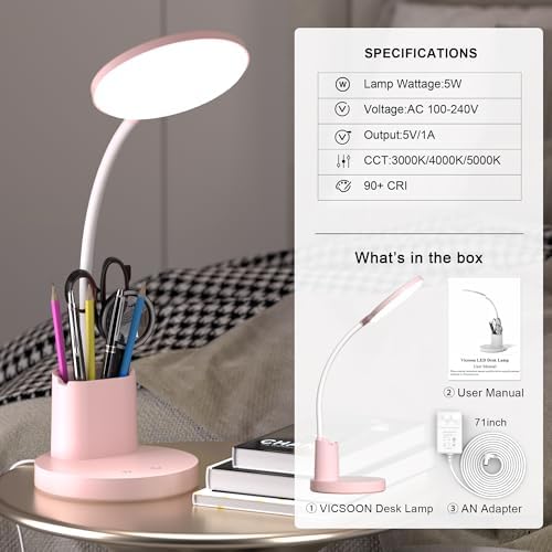 LED Desk Lamp for College Dorm with Pen Phone Holder, Pink