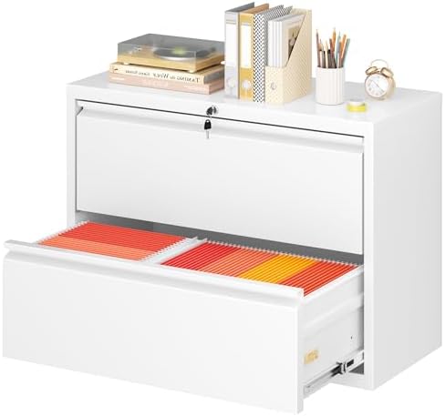Superday Lateral File Cabinet 2 Drawer Metal File Cabinet with Lock, White Filing Cabinets for Home Office, Locking Filing Cabinets Hanging Files Letter/Legal/F4/A4
