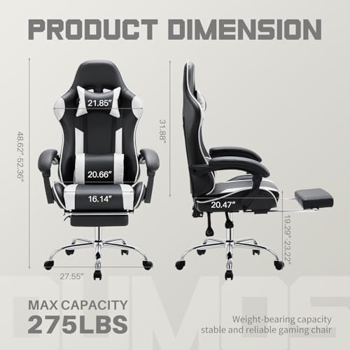 NEWBULIG Gaming Chair with Footrest – Ergonomic High-Back with Lumbar & Headrest Support, Comfy PU Leather Recliner with Linkage Armrests, Adjustable Height, 360° Swivel, White