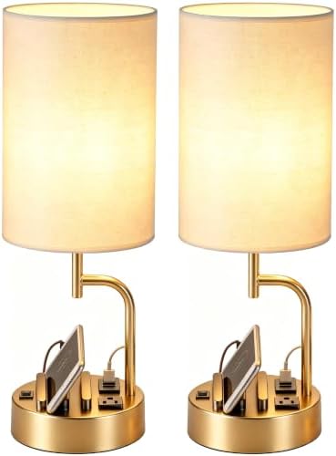 Dreamholder 2 Pack Table Lamp, Bedside Lamp with 3 USB Charging Ports & AC Outlet, USB Desk Lamp with 2 Phone Holders, Linen Fabric Shade Nightstand Lamps for Bedroom Living Room Office, Gold