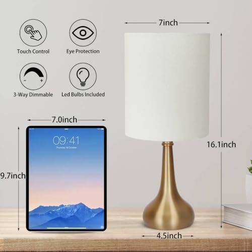 Set of 2 Bedside Touch Lamps, 16 Inch Dimmable Small Nightstand Lamp, Night Light Lamp Simple Touch Table Lamp with Brass Metal Base for Living Room Bedroom Office, A19 3000K Led Bulb Included
