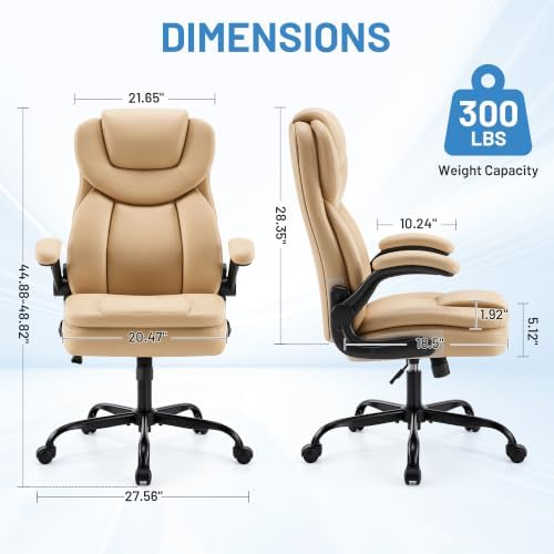 Ergonomic PU Leather Office Chair with Double-Layer Seat Cushion, Adjustable Armrest and Headrest, Reclining Backrest 360° Swivel Rolling Computer Desk Chair for Home Office Gaming Space, Khaki