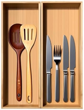 guiogc Set of 2 Bamboo Drawer Organizer, Stackable Utensil Organizer for Kitchen, Bamboo Storage Box Wood Silverware Tray for Drawer