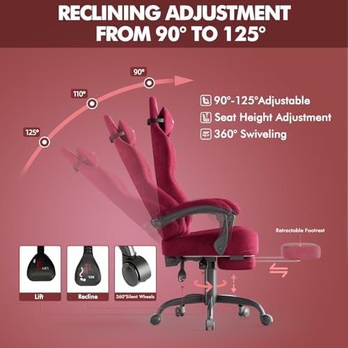 Soontrans Red Velvet Fabric Gaming Chair for Adult, Ergonomic Comfortable Video Gamer Chair with Footrest, Reclining Office Computer Desk Game Chairs with Massage Lumbar Cushion,Headrest