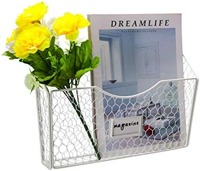 PAG-Mass 3 Pockets Hanging File Holder Wall Mount Mail Organizer Metal Chicken Wire Magazine Rack with Tag Slot, White