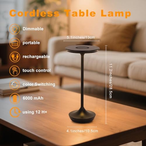 2 Pack Cordless Rechargeable Table Lamps, Portable 6000mAh Battery Desk Lamp Waterproof 3 Color Stepless Dimming Black LED Table Light with Memory Function for Outdoor/Dinning/Patio/Restaurant (2Pack)