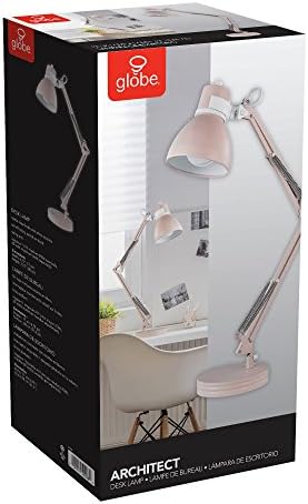 Globe Electric 52028 28" Swing Arm Architect Desk Lamp, Matte Rose Finish, White Accents, Rotary Switch on Shade, Partially Adjustable Arm, Modern Lighting for Bedroom or Office, E26 Base