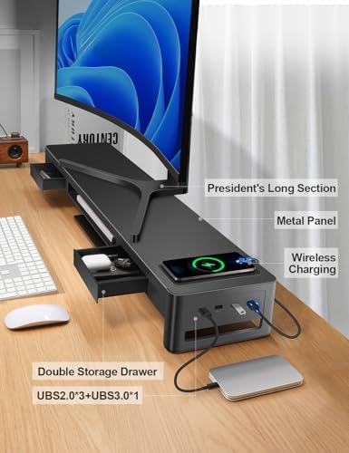 meatanty Dual Monitor Stand Riser with 2 Drawers,4 USB Ports and Charging Pad,Metal Monitor Stand for 2 Monitors Supports Transfer Data and Charging,Desk Organizer for PC,iMac(38.7 inches)