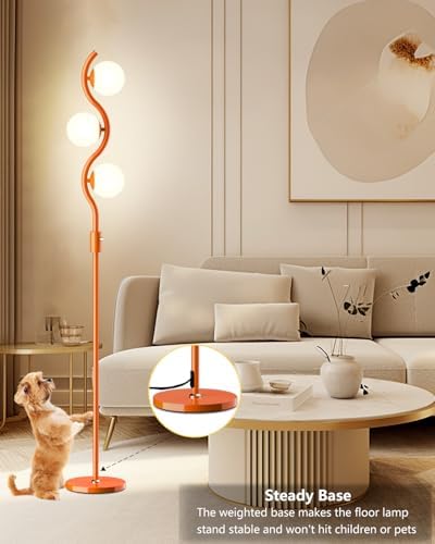 60IN Dimmable Orange Globe Floor Lamp, Mid Century Modern Floor Lamps with 3 Soft Warm White 3000K Bulbs, Standing Lamps with 5Lbs Heavy Base for Living Room Bedroom Home Decor