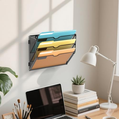 SUPEASY 3 Tier Wall File Organizer, Hanging Wall Mounted Mail Organizer with Label Slots, Metal Mesh File Holder Magazine Rack for Office, Home, School or Classroom, Black, 2Pack