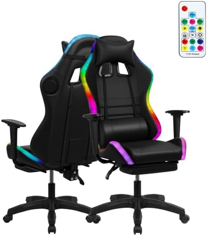 Gaming Chair with Bluetooth Speakers & Light, Ergonomic High-Back Office Chair with Adjustable Armrest, 360° Swivel & Recline, Faux Leather Racing Style Desk Chair for Gaming
