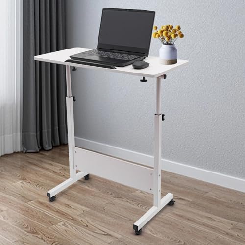 Adjustable Height Standing Desk 32-47", 24"Writable Tempered Glass Desktop with Eraser, Lockable Wheels & Storage Bag, Portable Mobile Sit Stand Laptop Desk for Small Spaces Home Office White