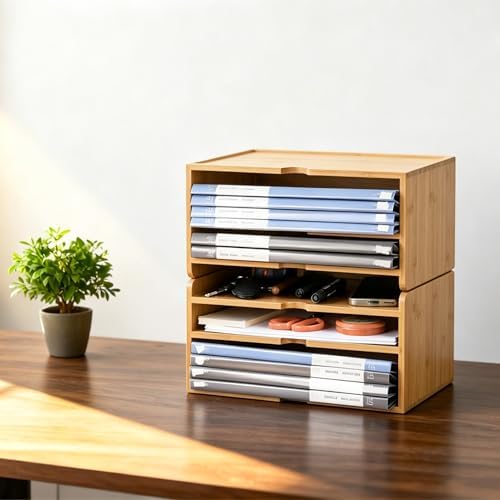 Bamboo Desk File Organizer, Stackable A4 Paper Tray Mail Holder for Office