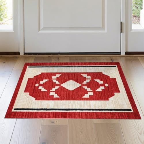 2'x3' Red Ivory Cat Crimson Boho Geometric Washable Accent Rug