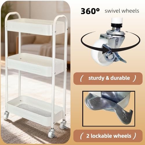 3 Tier Narrow Rolling Storage Cart for Laundry Room Bathroom Kitchen, 7.1'' Slim Utility Cart with Wheels and Lockable Casters Standing Shelf for Small Space & Between Washer and Dryer, White