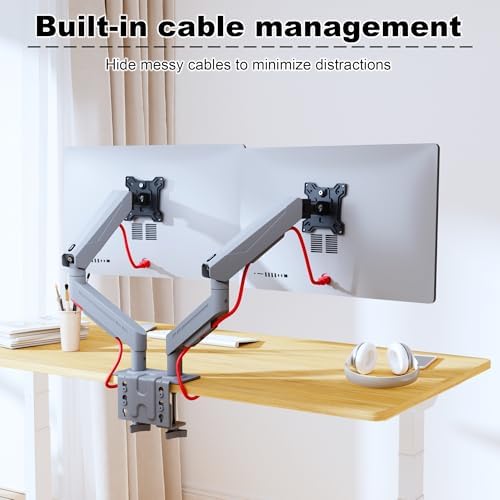THEARK Dual Monitor Stand for Desk - Dual Monitor Mount for 17-32 Inch Screens,Height Adjustable Dual Monitor Arm Desk Mount with Clamp and Grommet Base,75x75/100x100mm VESA Mount,Max 19.8 lbs,Silver
