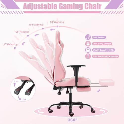 Pink Ergonomic High Back Massage Gaming Chair with Footrest