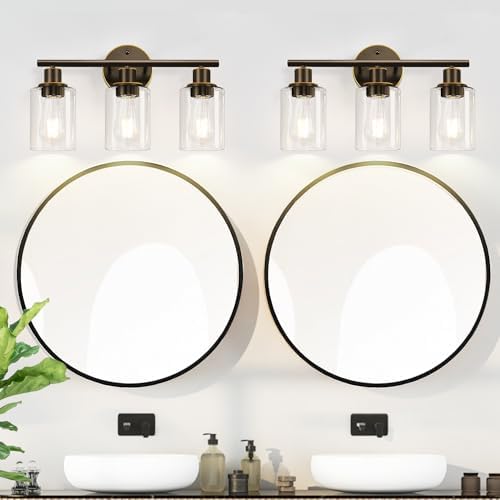 Zarbitta 3-Light Bathroom Light Fixtures, Brown and Gold Bathroom Wall Lights, Modern Vanity Light with Clear Glass Shade, Bathroom Wall Lamp for Mirror Hallway Cabinet