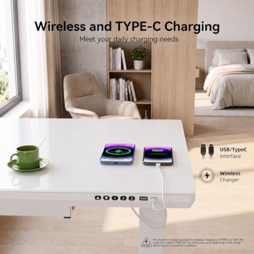 YDN Wireless Charging Glass Standing Desk with Drawer 48 Inches Super White