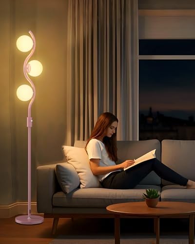 60IN Dimmable Pink Floor Lamp, Modern Standing Lamps with 3 Globe Soft Warm White 3000K Bulbs, Mid Century Floor Lamp with 5Lbs Heavy Base for Living Room Bedroom Home Decor