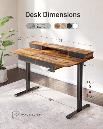 FEZIBO 55 x 30 inch Standing Electric Desk with Drawers, Rustic Brown