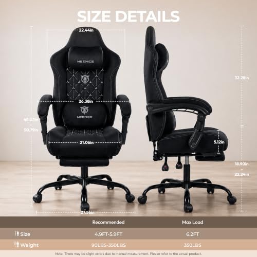 Fabric Gaming Chair with Heated Massage Lumbar Support, Pocket Spring Seat, Reclining Computer Chair with Footrest, Breathable High Back Gamer Chair, 350 lbs