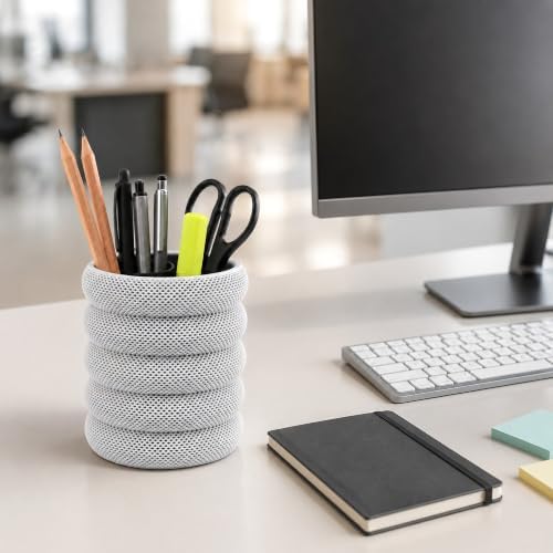 PowerTRC 3D Printed Grideo Pen Holder for Desk – Modern Pencil Cup Organizer, Office Supplies Holder, Classroom Teacher Desk Decor, Home Office Gift, Made in USA (Concrete Gray)