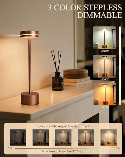 2 Pack LED Cordless Table Lamp Rechargeable, 5000mAh Portable Battery Operated LED Desk Lamp, 3 Color Dimmable Table Light for Home Office/Dining/Nightstand for Home Décor – Reddish Brown