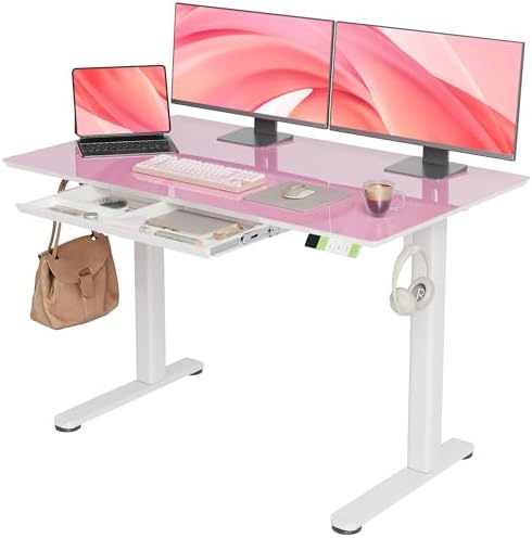 INNOVAR Glass Standing Desk with Drawers 48×24 Inch Morandi Powder