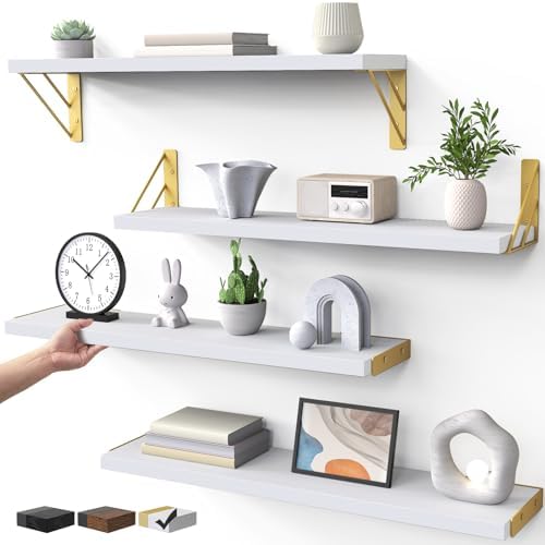 BAYKA 22.4 in Long Wall Mounted Floating Shelves (White and Gold, Set of 4)