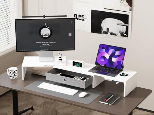 LAPTAIN Dual Monitor Stand Riser with Drawer, Adjustable Desk Organizer