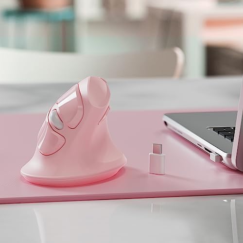 MicroPack Ergonomic Vertical Wireless Mouse, Silent Cordless Office Mouse with USB-A & Type-C Receiver, 800/1200/1600 DPI, 6 Buttons, Reduces Wrist Strain for Work, Windows, Mac, PC & Laptop Pink