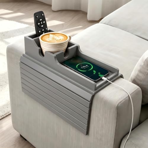 Yoshiky Grey Bamboo Couch Armrest Table, Couch Arm Tray with Removable Couch Cup Holder, 2 in 1 Design Foldable Anti-Slip Bamboo Couch Tray and Sofa Cup Holder for Drink