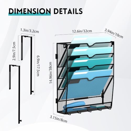 5 Tier Wall File Organizer, Metal Holder with Bottom Hooks