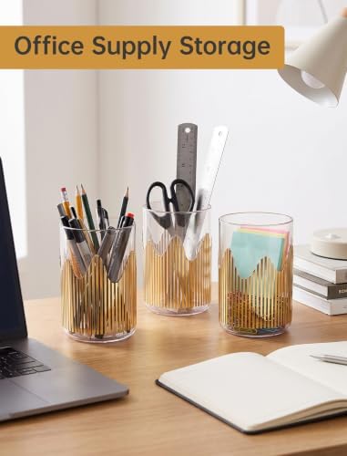 Clear Gold Striped Pen Holder, Makeup Brush & Toothbrush Cup