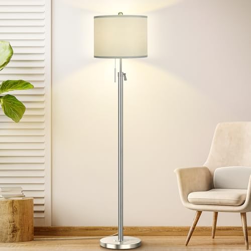 Qingmiao Brushed Nickel Floor Lamp for Living Room, Adjustable Height Standing Lamp, Tall Pole Light with Grey Shade for Bedroom, 8W 4000K 3-Way LED Bulb Included (Brushed Nickel, Grey Shade)