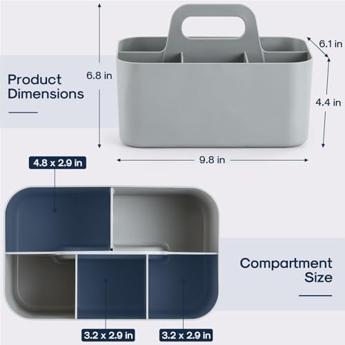 Multiuse Caddy Organizer with Handle, Portable Divided Plastic Tote Bin - Art Craft, Stationary Pen Marker Crayons, Makeup Hair Supplies Storage - Bathroom, Classroom, Dorm, Office, Desk Holder - Grey