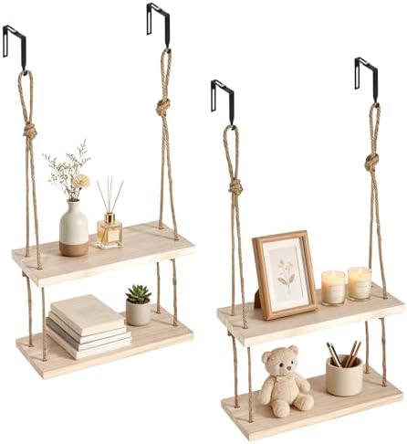 2Pcs Cubicle Shelf for Walls, Office Cubicle Accessories for Work, 11.8" 2 Tier Wooden Hanging Wall Shelf with Hooks & Cotton Rope Boho Style Decor Desk Wall Organizer Storage for Office Home