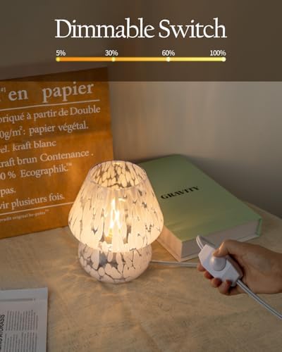 ONEWISH Mushroom Lamp Small Bedside Table Lamp-Nightstand Nightlight Dimmable Stepless, Translucent Glass Desk Lamp for Bedroom Dorm Living Kitchen, Murano Style Aesthetic Cute Home Decor(Blue)