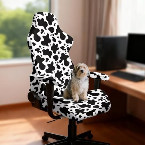 Cow Print Gaming Chair Cover Stretchable Game Chair Slipcovers with 2 Armrest Covers, Scratch-Proof Gamer Desk Chair Covers for Computer Office Seat