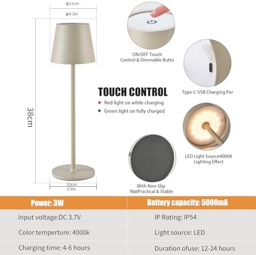 IMQSQIK 2 Pack Cordless Table Lamp, 5000mAh Portable Rechargeable LED Desk Lamp, 3 Color Modes Stepless Dimming Table Light with Memory Function, for Dinner, Patio, Home, Restaurant.