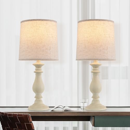 Lamps Set of 2 Vintage Rustic Farmhouse Table Lamps Bedside Reading Lamp Bedroom Nightstand Living Room Teapoy Lamp, Desk Light, 22 Inch High, with Fabric Shade (Pale Yellow, 22 Inch High)