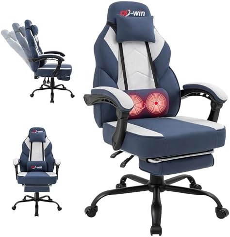 DL-win Video Gaming Chair for Adults, Computer Chair with Footrest and Ergonomic High Back, Big and Tall Gamer Chair with Massage Lumbar Support (Light Blue Fabric)