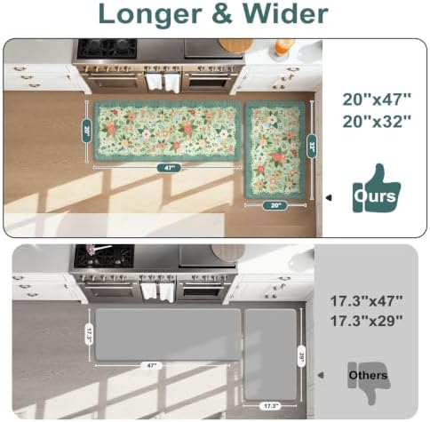 KIMODE Kitchen Mats for Floor Cushioned Anti Fatigue, Green Boho Flower Rug