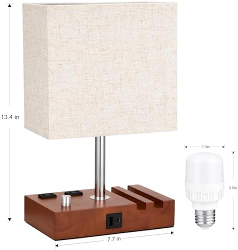 Brown Wood Grain Bedside Lamp - Stepless Dimmable, USB C+A, 2 AC Outlets