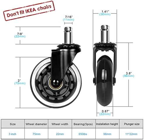 Hirate 3" Office Chair Caster Durable PU Wheel Replacement Set of 5 Black