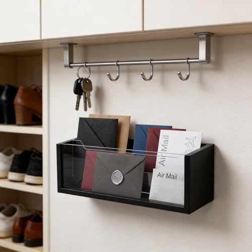 Black Mail Organizer for Desk,Acrylic Letter Holder with Adjustable Divider