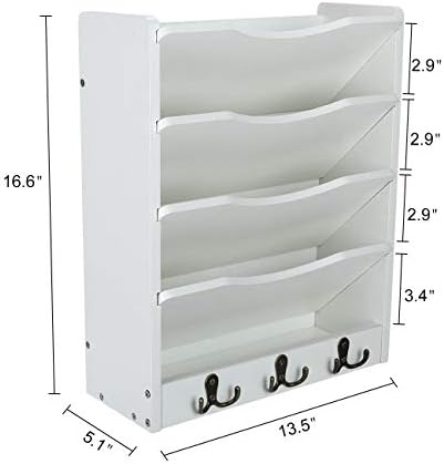 PAG-Mass 5-Tier Wall File Holder Hanging Mail Organizer Wood Magazine Literature Rack with 6 Hooks, White